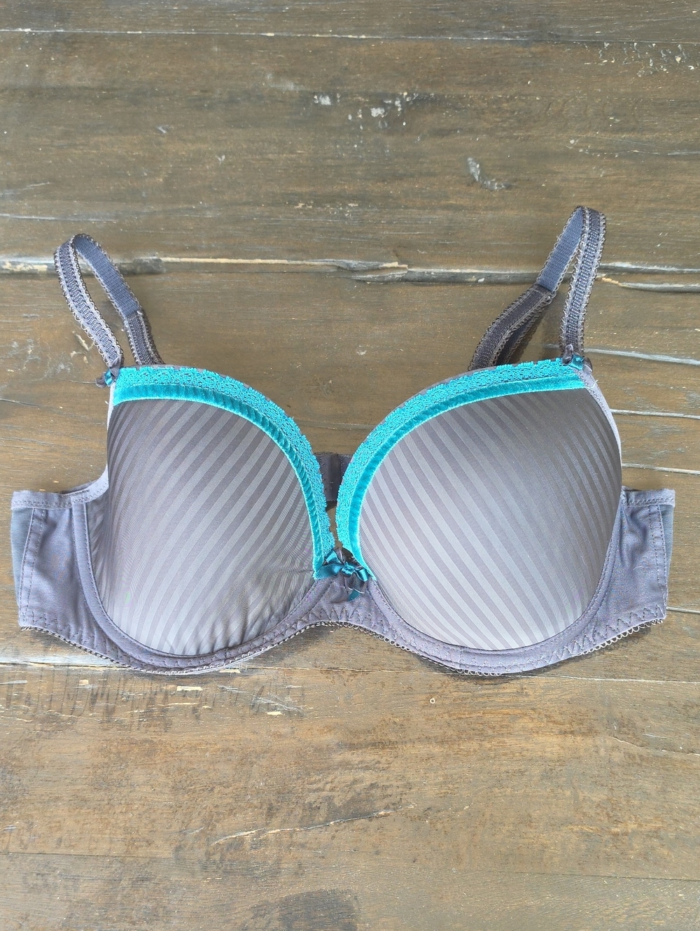 (38D) Freya Gray Striped Bra with Teal Lace Trim Underwire Feminine Supportive